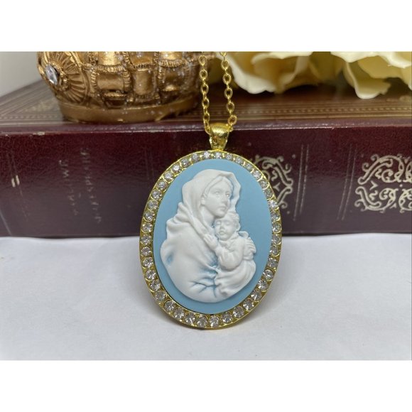 Anniversary mom Gift Blue White Wedding Jesus Cameo Mother Child Gold Crystal - Picture 2 of 9